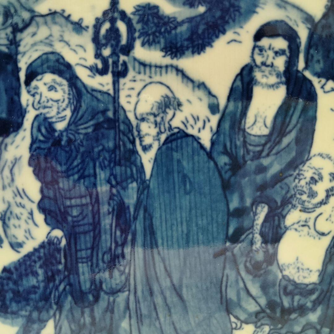 W318-2 清朝 古染付 在銘 大清康照年製 角鉢 筆筒 賢人山水図　E