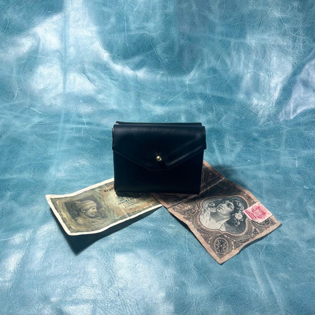 コンパクト　革　財布　クロムエクセル　レザー　黒色　ギボシ　真鍮　ハンドメイド