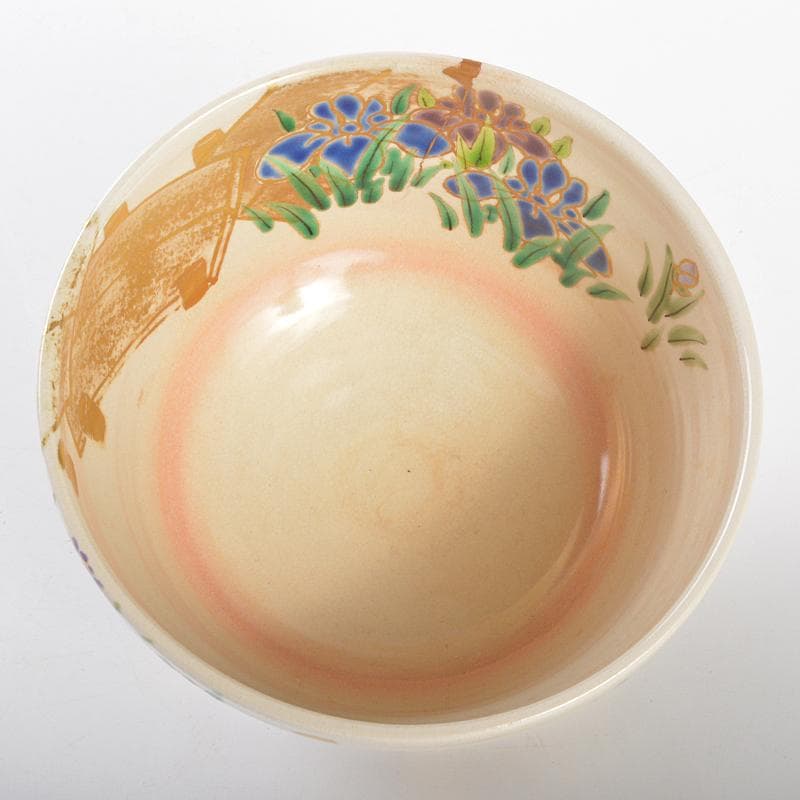 京焼 押小路窯 庄左エ門造 色絵八ツ橋 菖蒲文 茶碗 共布共