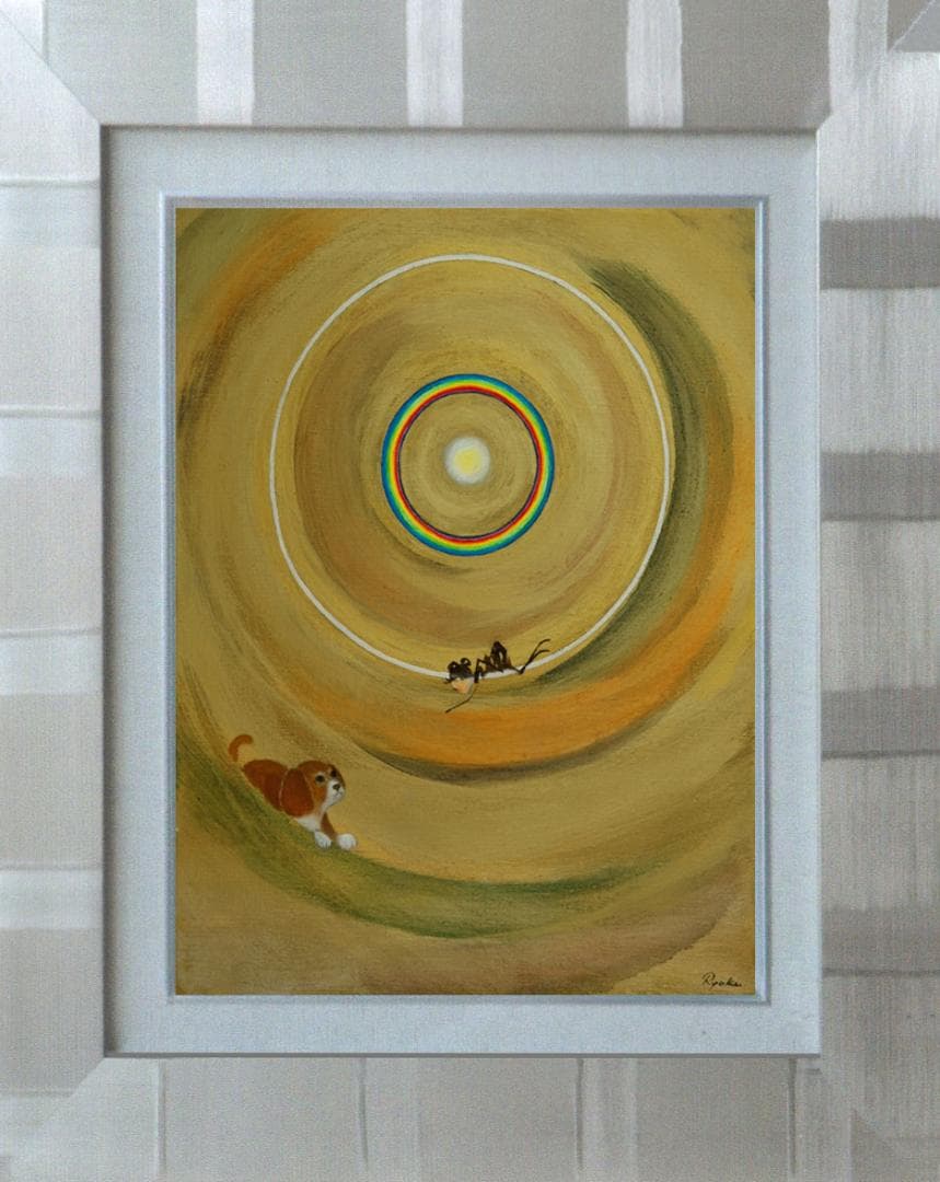 油絵 菅家令子 絵 絵画インテリア額付(白)F6-070119 祈り希望子犬女子