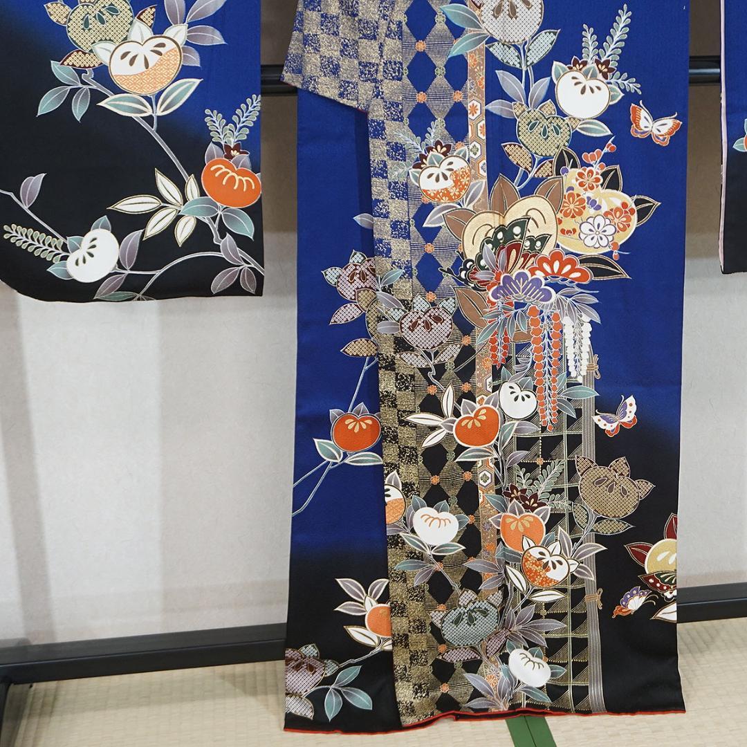 長じゅばん付き 正絹振袖 青 金彩友禅柄 165cm a129