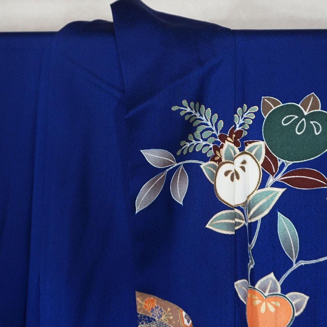 長じゅばん付き 正絹振袖 青 金彩友禅柄 165cm a129