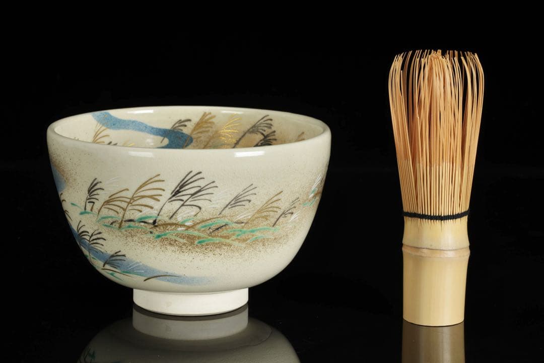 通次阿山 仁清写 野分 茶碗 共箱付 芒 秋 京焼 茶道具 抹茶碗 古美術