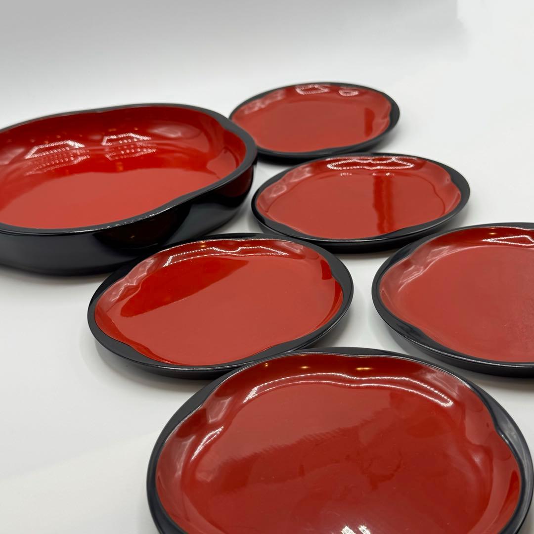 赤黒漆器 丸　梅型食器 6点セット