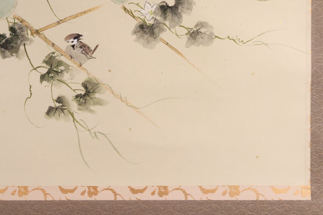 真作 美品 日本画 田中松泉 瓢箪 雀 彩色 紙本 掛軸 鳥 横