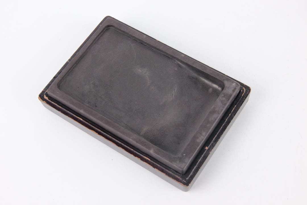 端渓硯 文房具　硯　長方形石硯　木製硯箱付　書道具　古道具　ES1-8