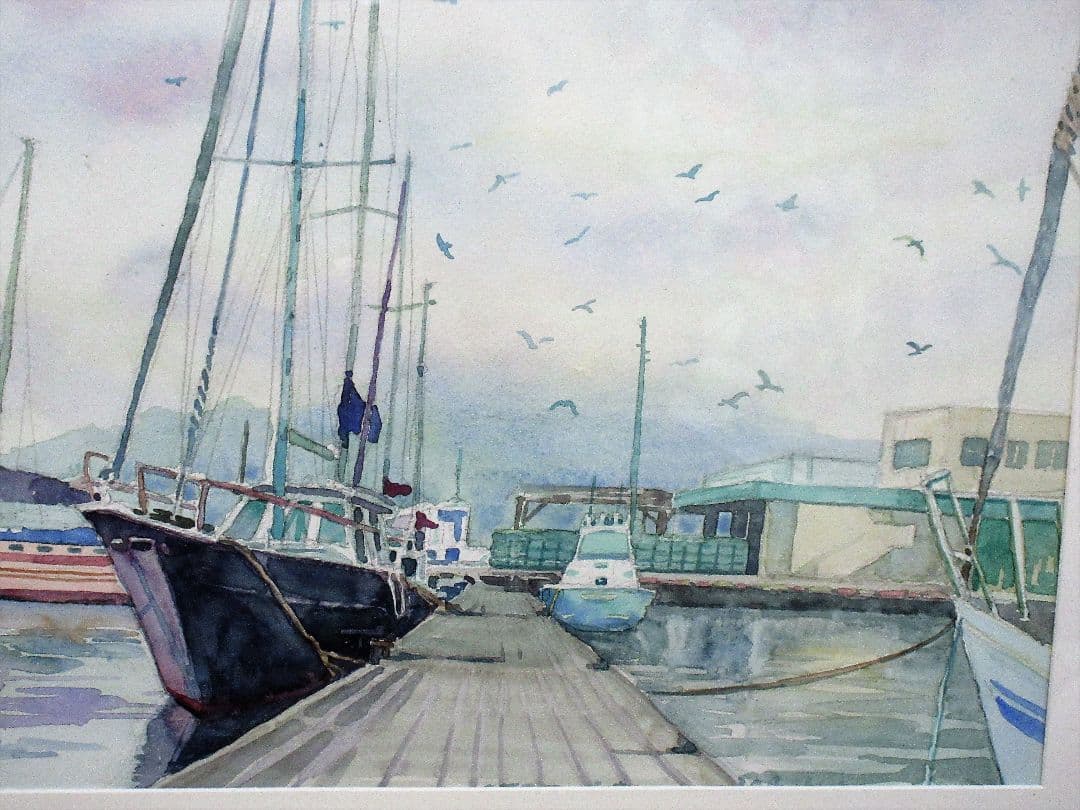 水彩画 港の風景