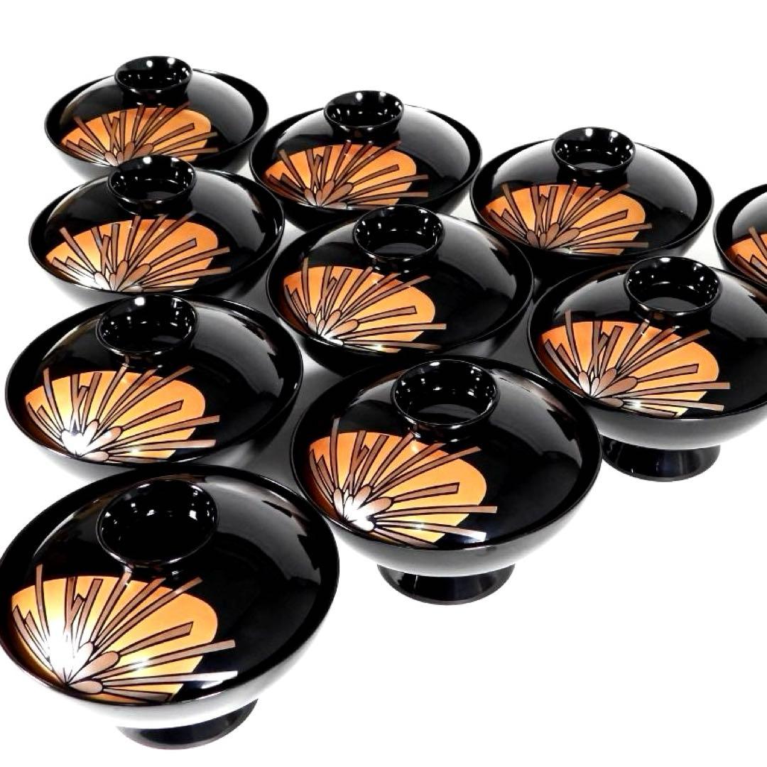 輪島塗　漆器　本金蒔絵花絵紋　木製　蓋付椀　お煮物椀　吸物椀　10客