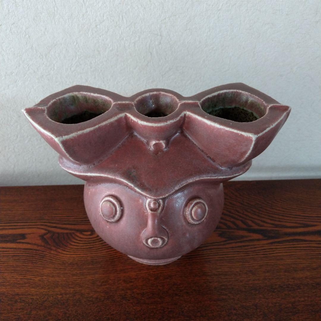 河井創太　辰砂貼文扁壷　桐共箱　黄布・栞・先生サイン入り陶展案内状付き