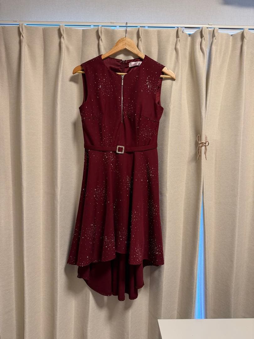 an ビジュー付きワインレッドドレス