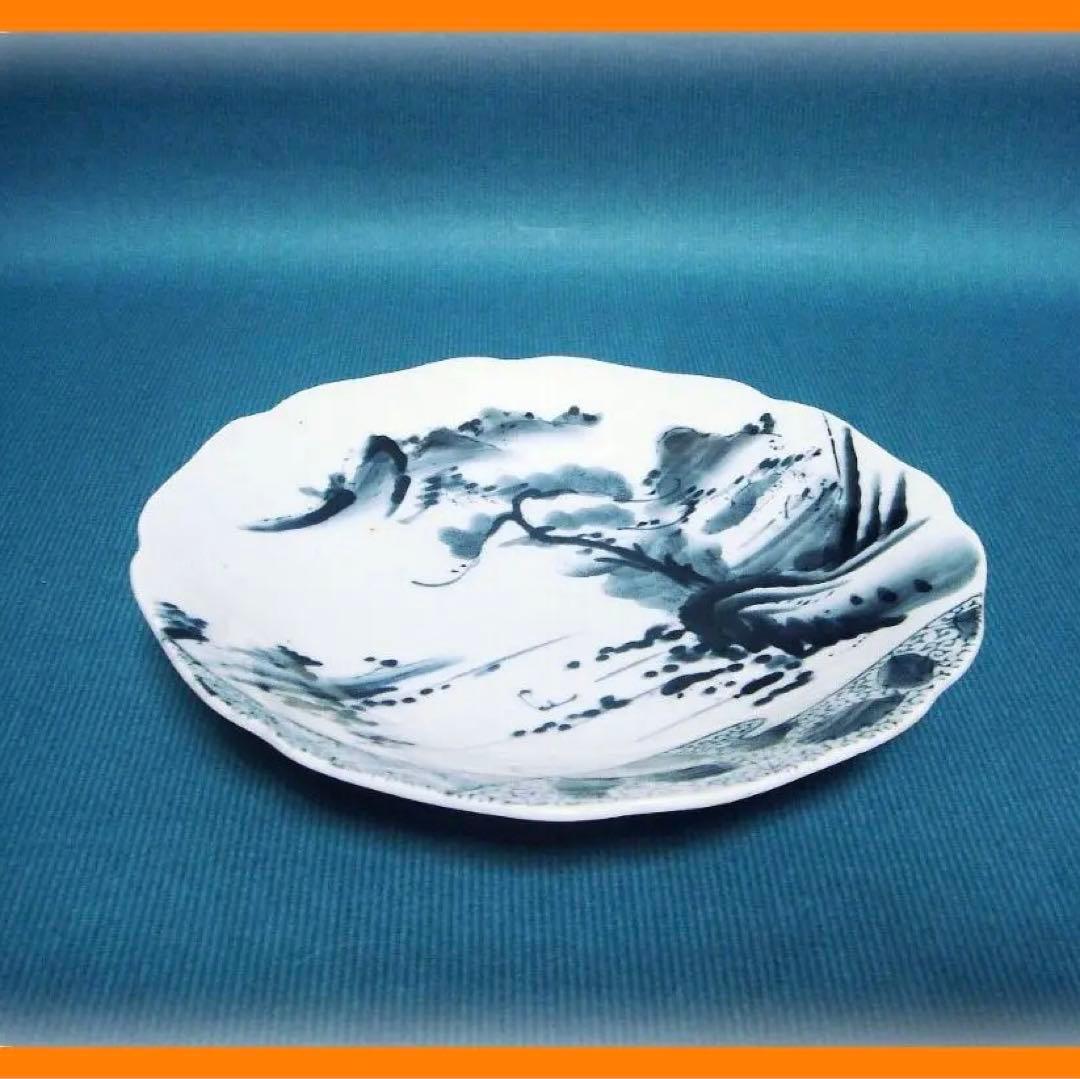 371『染付 山水 輪花皿』 /骨董品 古美術 古道具 アンティーク