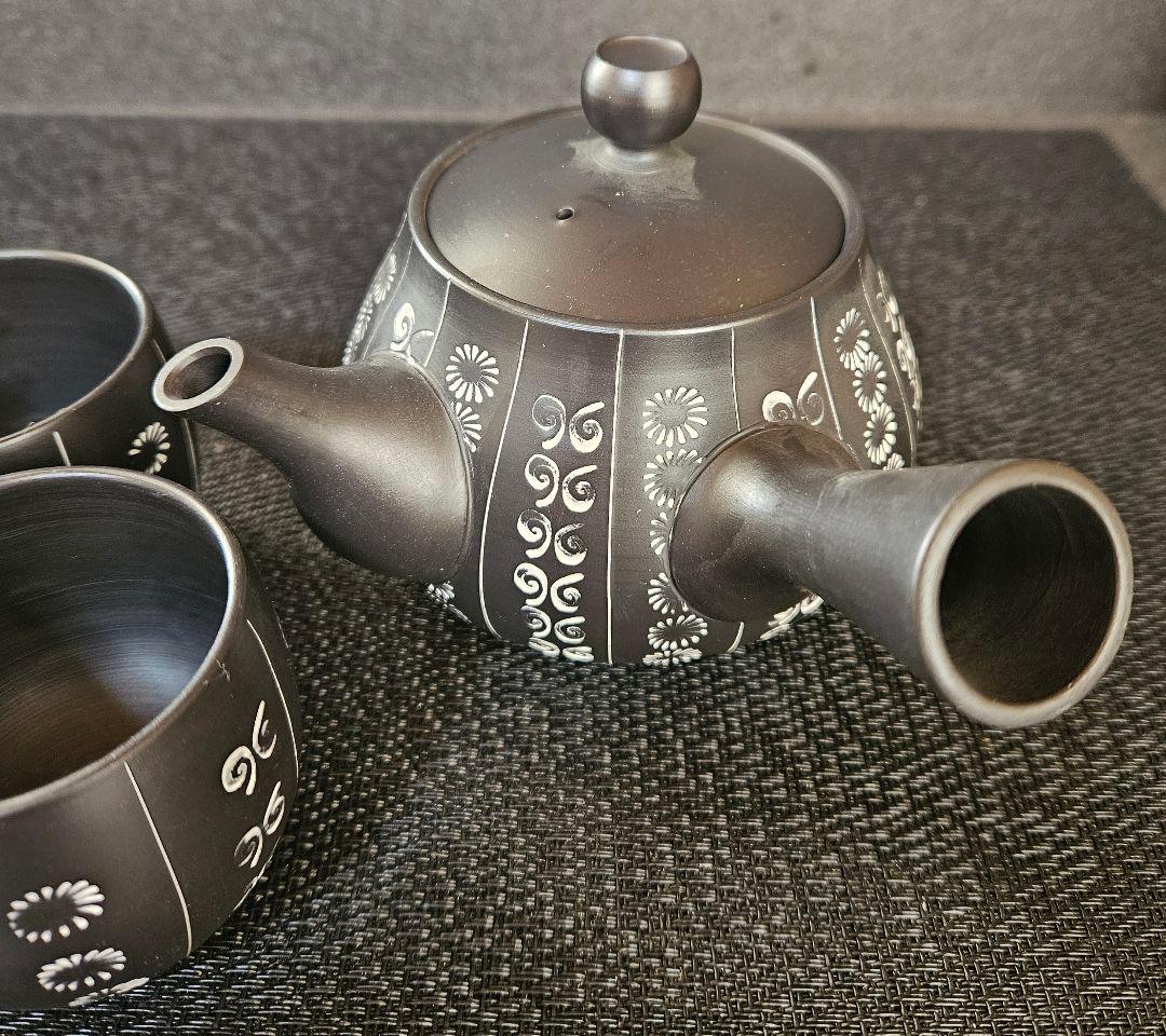 常滑焼　名工　柴田好明　作　黒泥茶注　急須　煎茶碗　5客　常滑茶注　茶道具　茶器