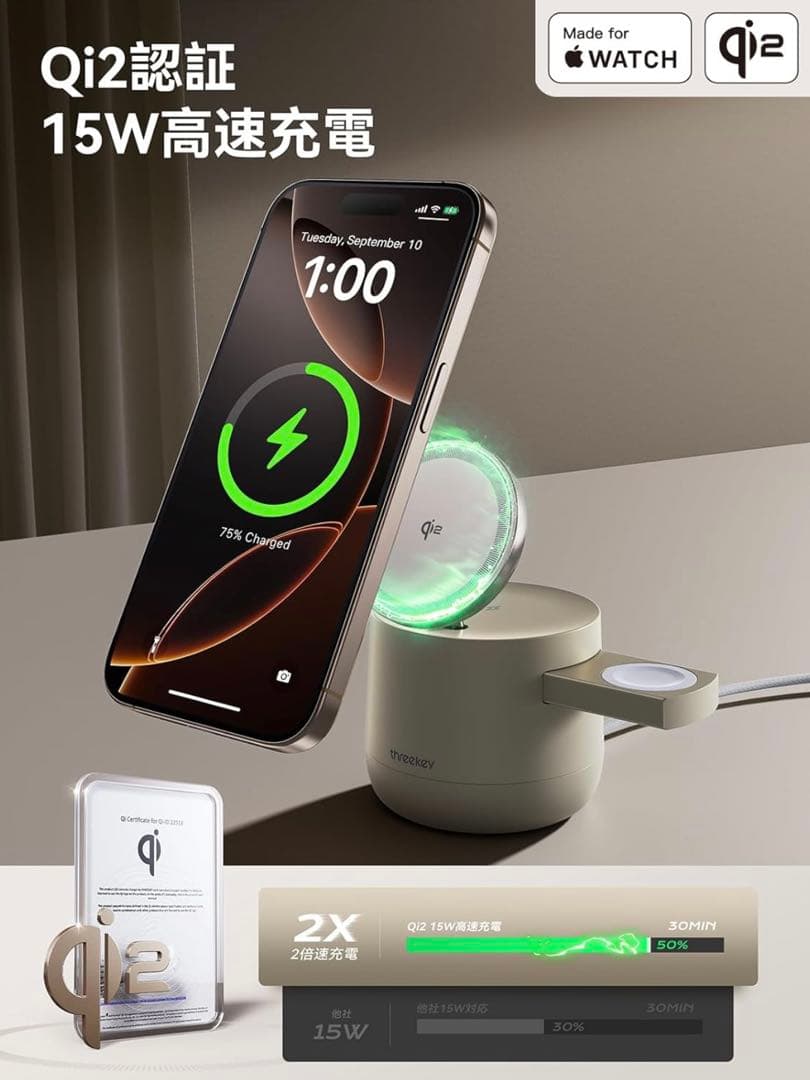 新品 THREEKEY 4in1 MFI PSE認証 ワイヤレス充電器 おしゃれ
