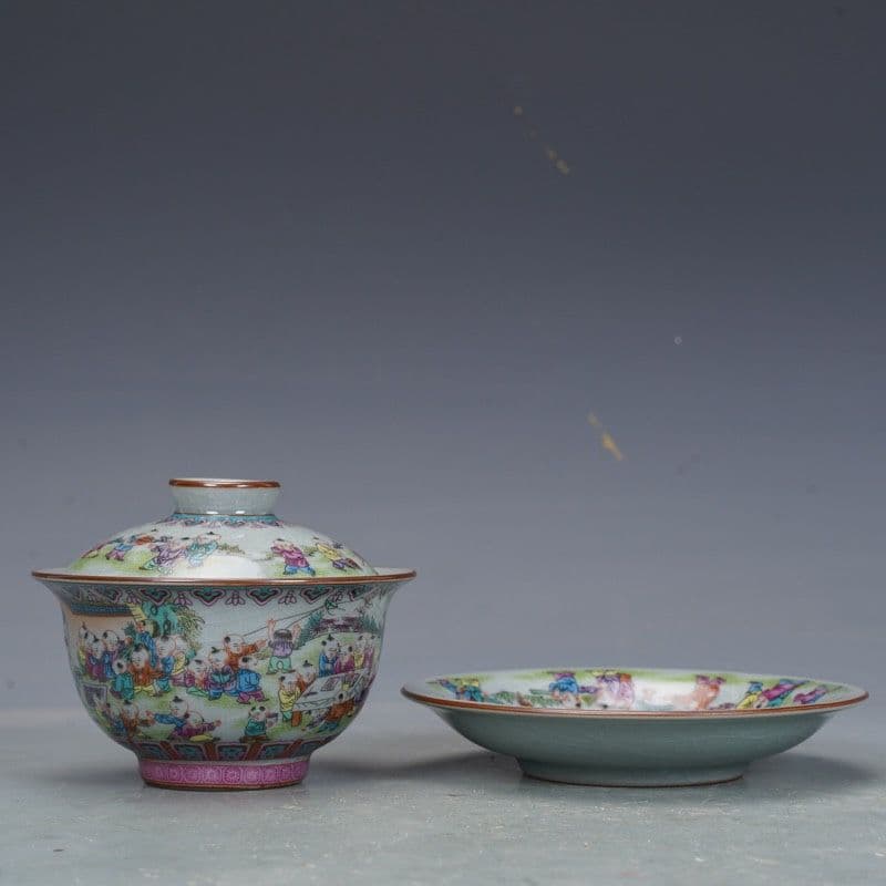 景徳鎮 陶磁器 百子図三才蓋碗 茶碗 茶道具 煎茶器 新品未使用