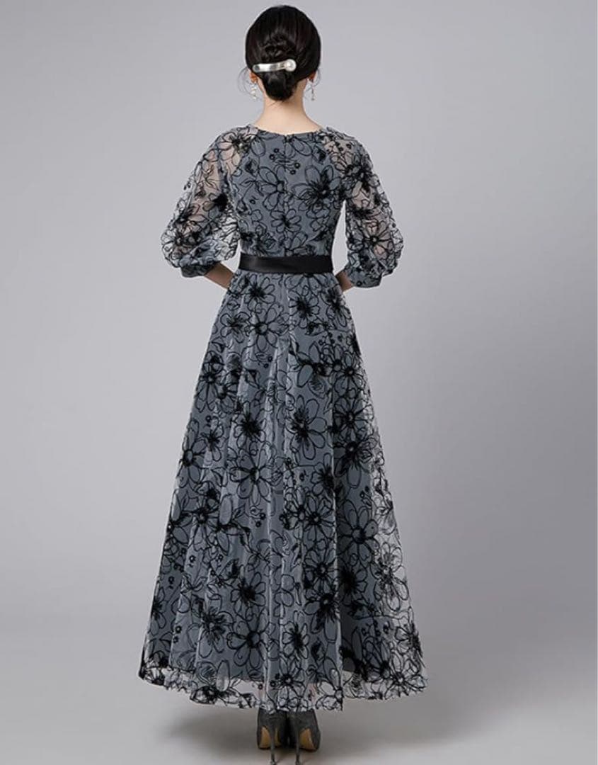 パーティードレス 花柄 裏地付き Aライン ロング丈 フォーマル 結婚式 L