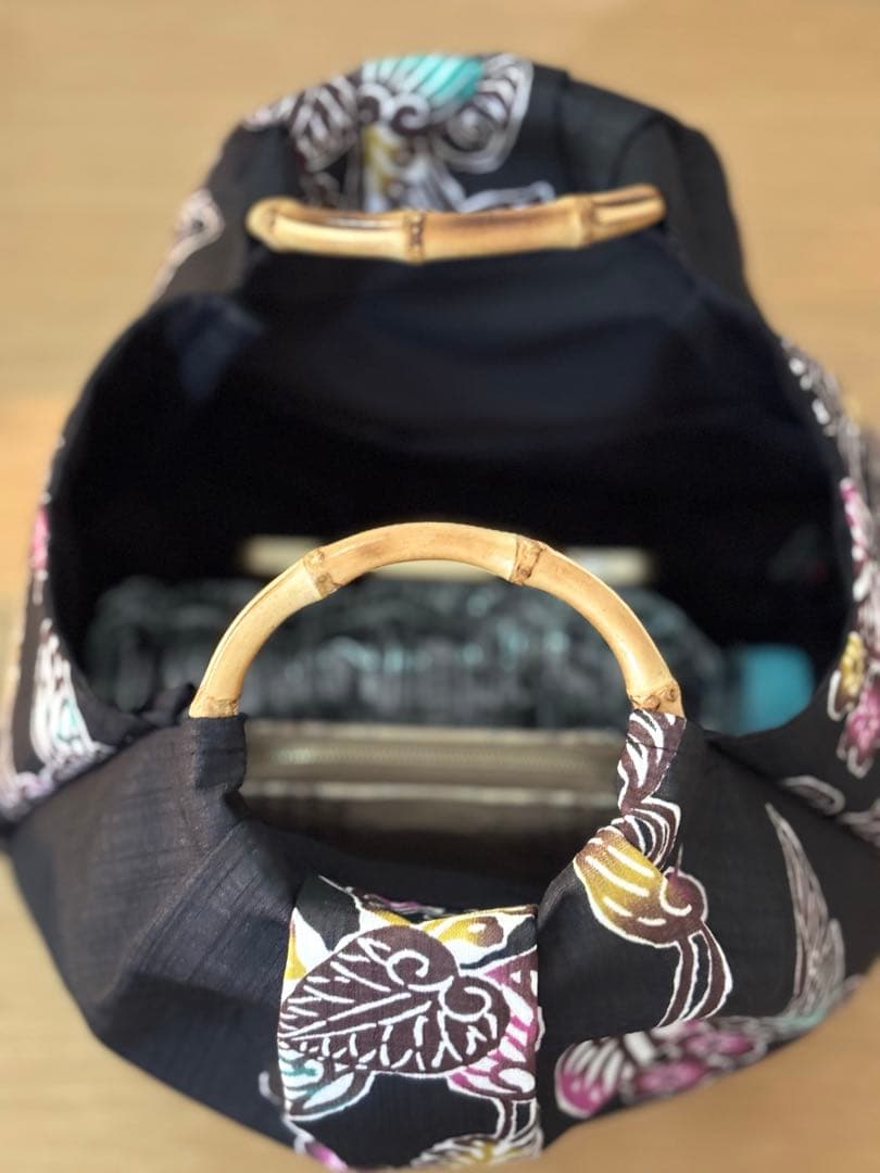 和装バック着物バック琉球紅型・琉球柄・葵の柄（黒）入学卒業結婚七五三振袖お宮参り