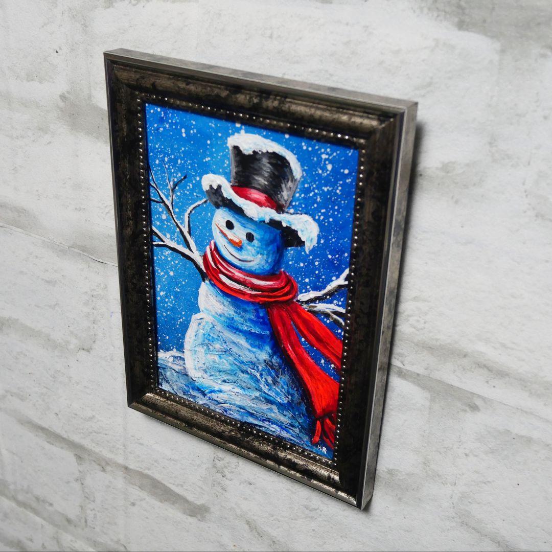 【赤いマフラーの雪だるま】絵画 油彩 油彩画 絵 油絵