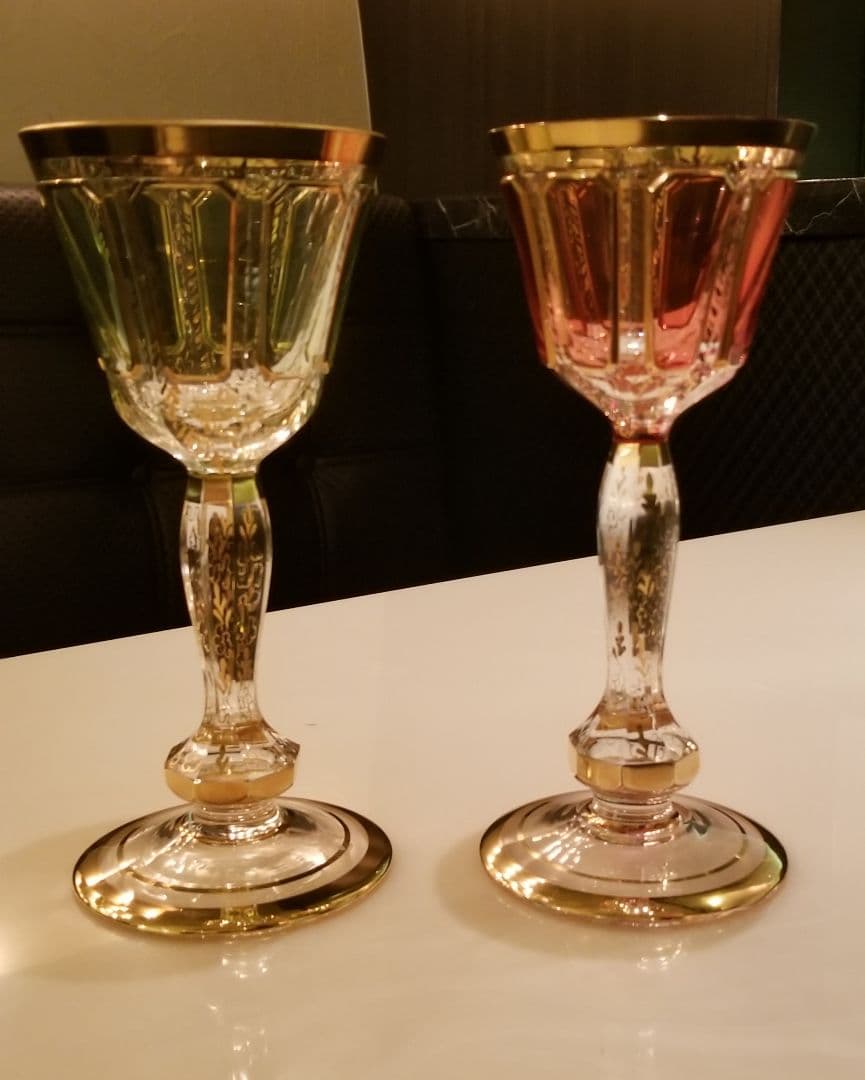 ボヘミアガラス エーゲルマン パネルグラス ワイングラス ロゼ 金彩