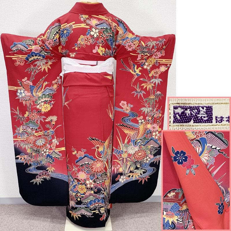 509z44☆さが美 紅型振袖 古典柄 松竹梅 燕 赤×黒☆美品 成人式 結婚式