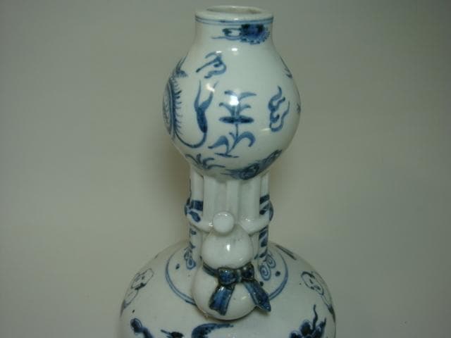 花瓶■中国古い染付 徳利型 瓢箪耳付き 鶴 龍紋 人物 古壷 景徳鎮 古玩 唐物