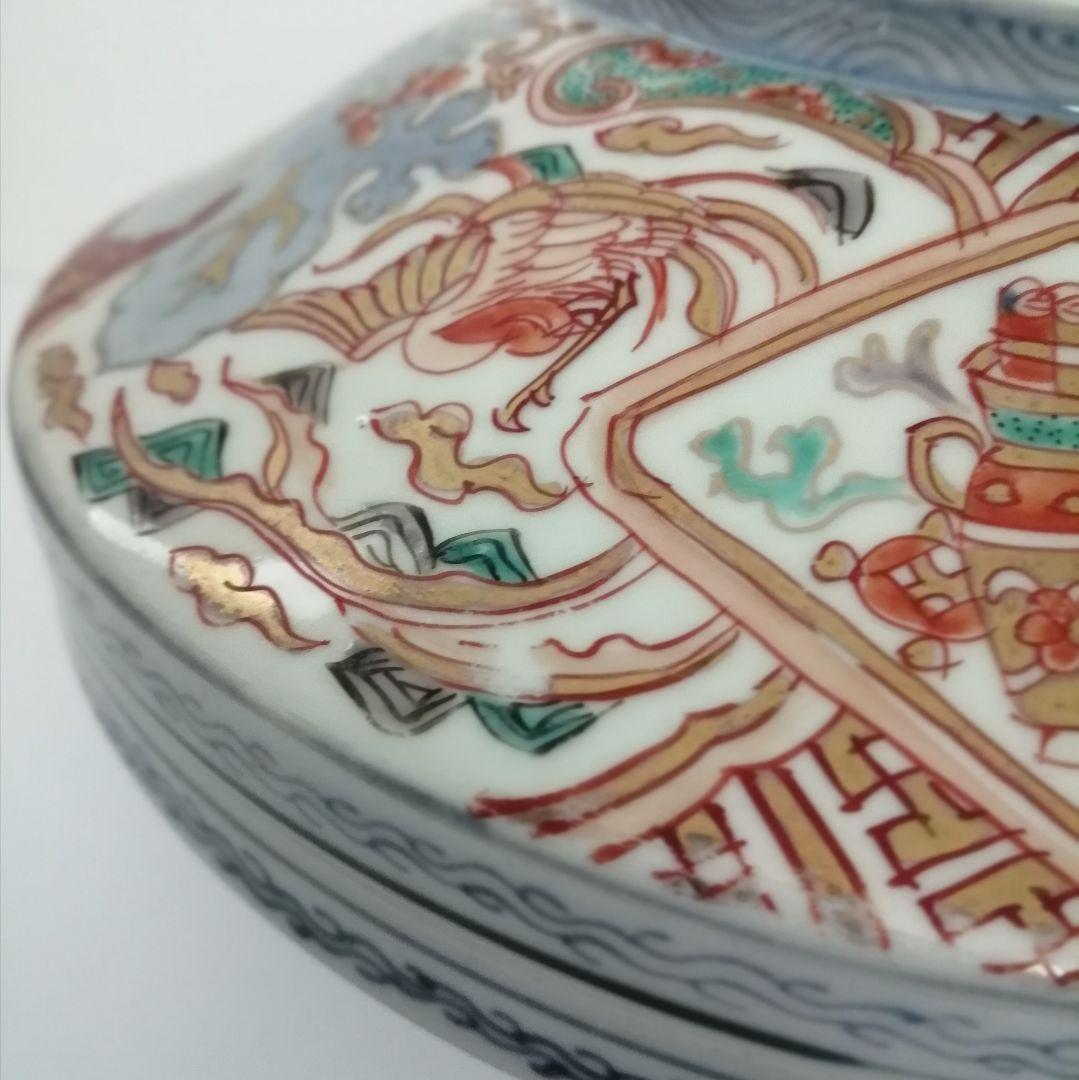 古伊万里　蓋物　色絵金彩　鳳凰と龍の図　食籠