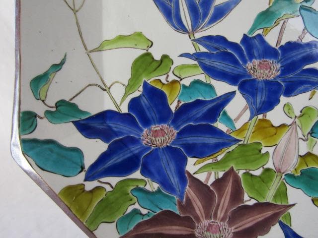 Y5-1012◇九谷焼 健作 鉄仙色絵文 大皿 八角皿 飾皿 巾43cm