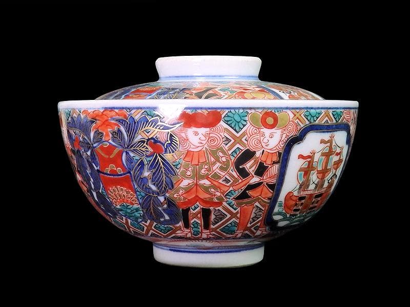 大聖寺伊万里　金襴手　五艘船に南蛮人の図　蓋茶碗　D898AS-CYo