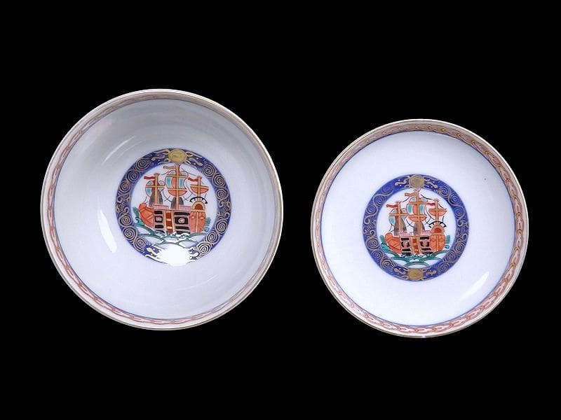 大聖寺伊万里　金襴手　五艘船に南蛮人の図　蓋茶碗　D898AS-CYo