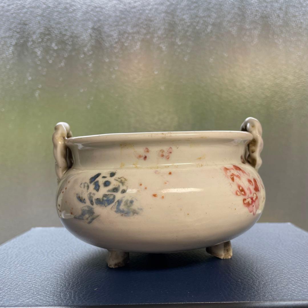 香炉 白磁 古陶磁器 骨董 アンティーク China 三つ足 花 古玩 古美術