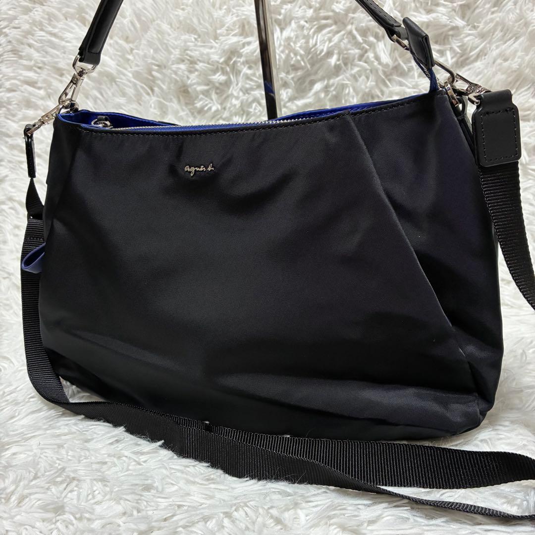 アニエスベー　2wayバッグ　ナイロン　レザー　ゴールドロゴ　ブラック×ブルー