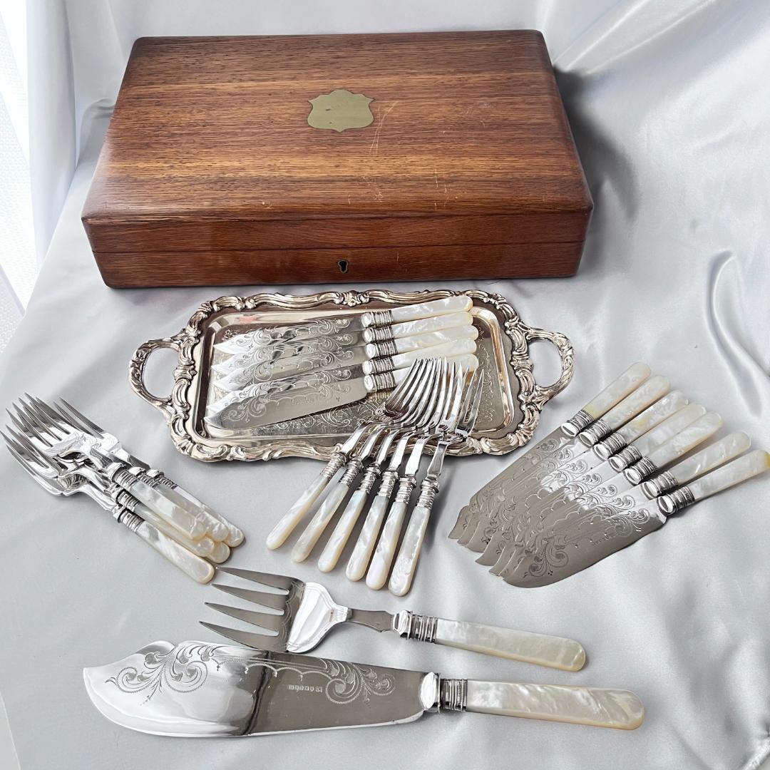 Walker & Hall】【白蝶貝 / 純銀継手】カトラリーセット サーバー 白蝶