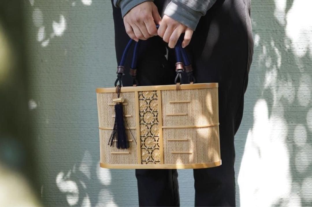 駿河竹千筋細工　バッグ　持ち手藍色