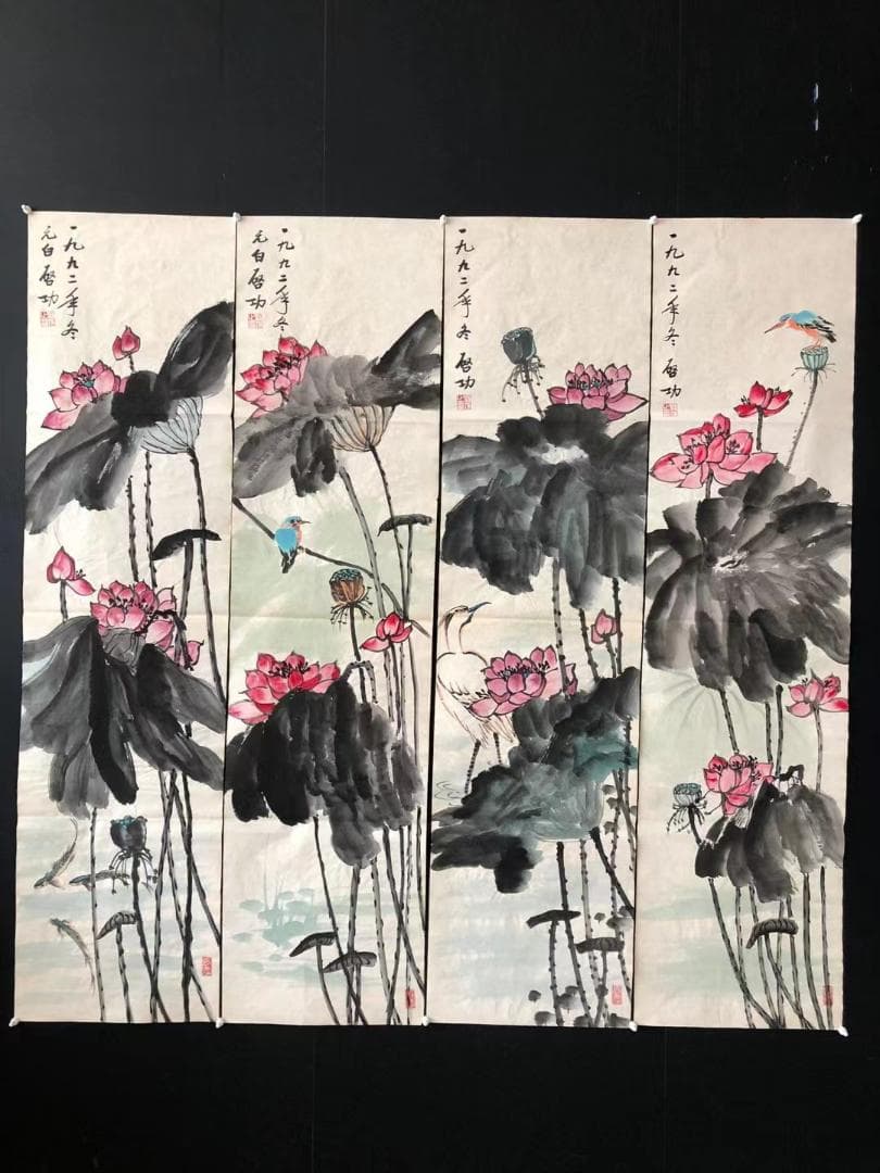 中国美術・純手描き四連花鳥蓮画芯・水墨画・啓功印款・肉筆・宣紙・茶道・国画・文房