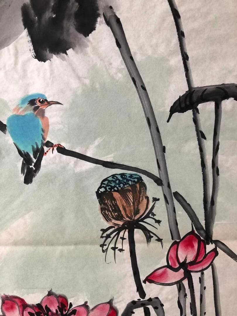 中国美術・純手描き四連花鳥蓮画芯・水墨画・啓功印款・肉筆・宣紙・茶道・国画・文房