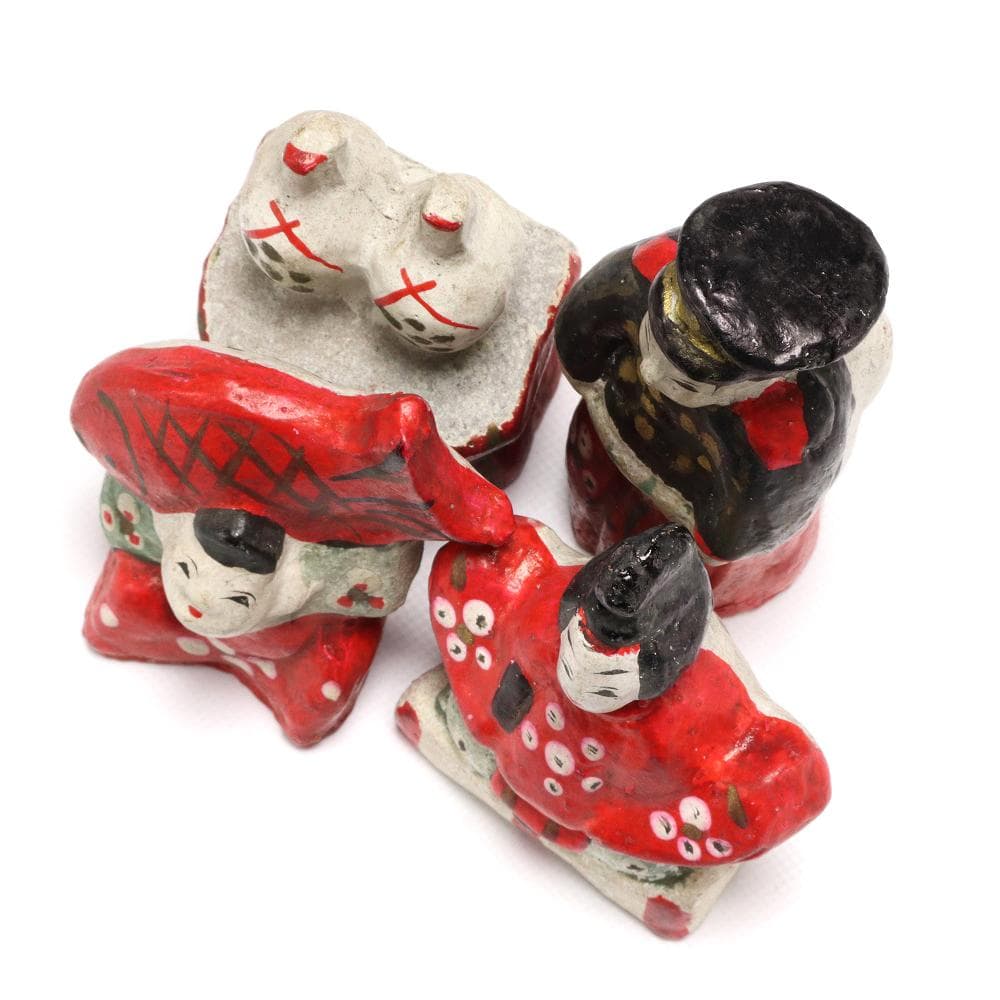 206B 古い花巻人形 4体 土人形 天神様 鯛担ぎ 神酒 兵隊 高さ9.5