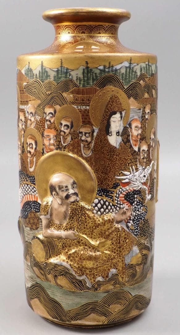 薩摩焼神戸大日本長州山　高浮彫羅漢　龍女　底部に在銘　明治輸出　里帰り