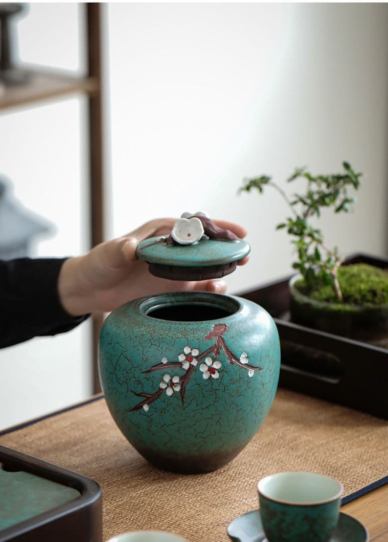 窯変手描き梅の花茶壺 陶器密封壺防潮貯蔵壺 装飾品 工芸品 置物