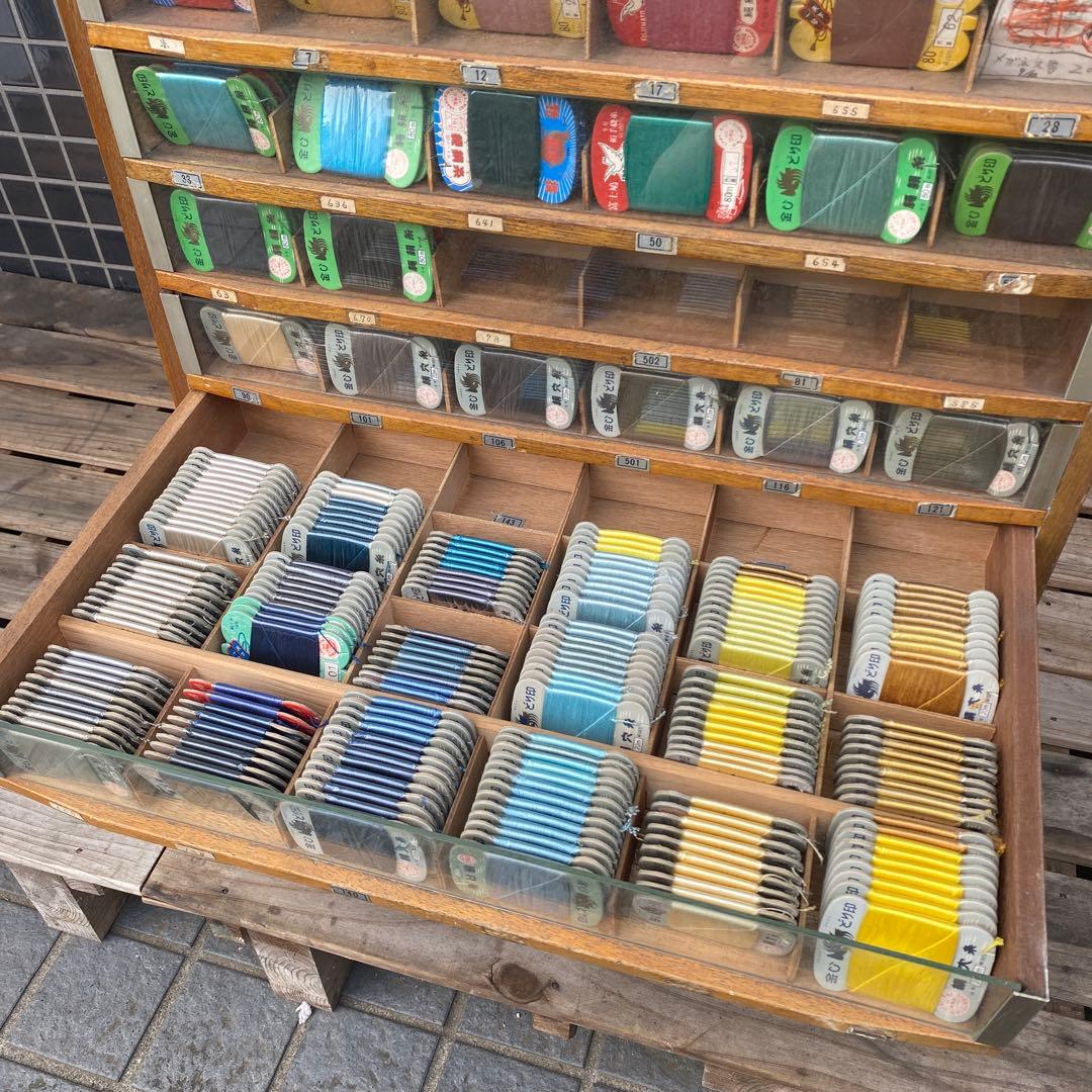 昭和レトロ 金しどり印絹糸 店舗什器 ショーケース 木製 古家具 糸大量