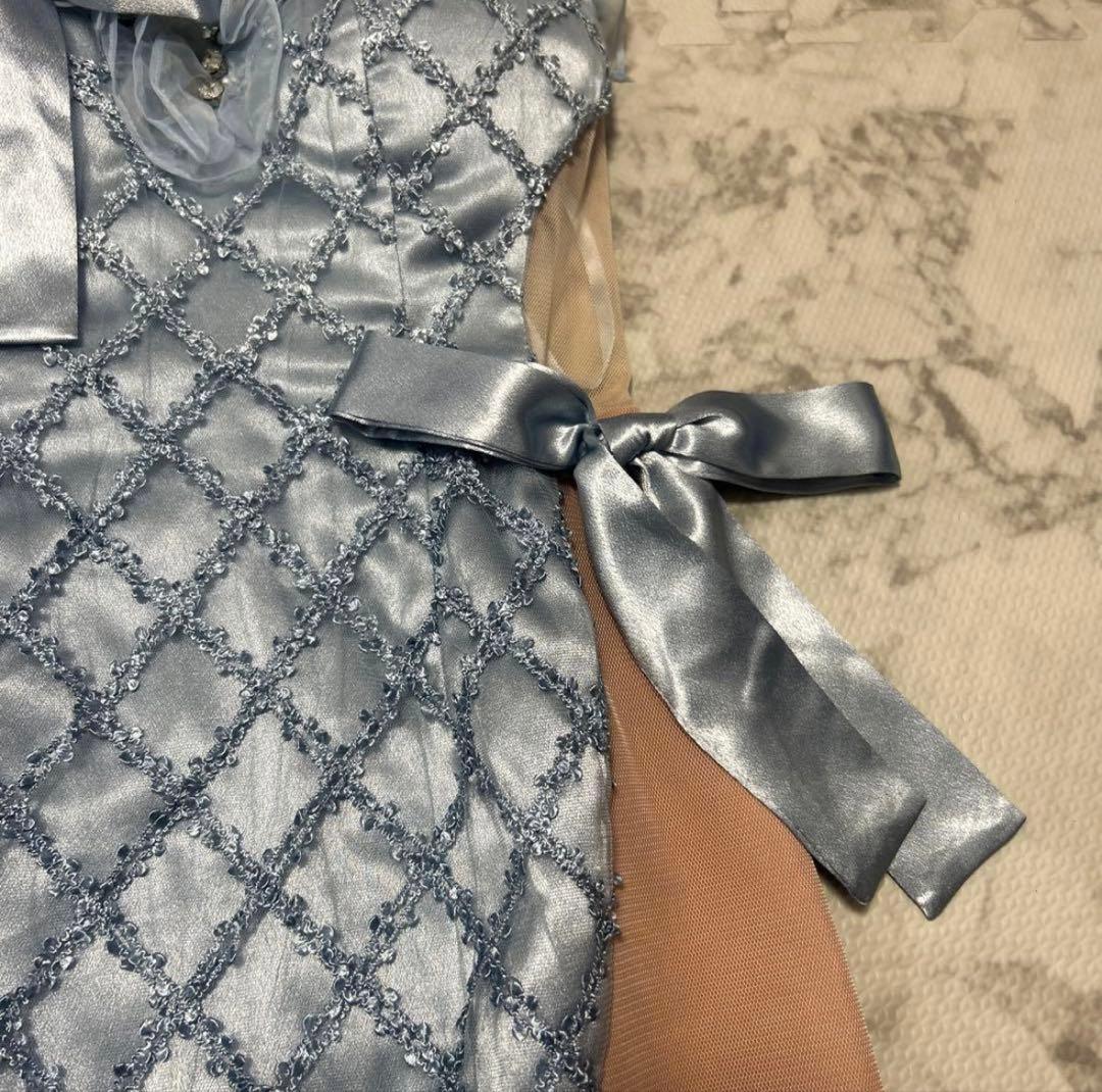 ROBE de FLEURS ブルー M リボンワンショルダータイトドレス