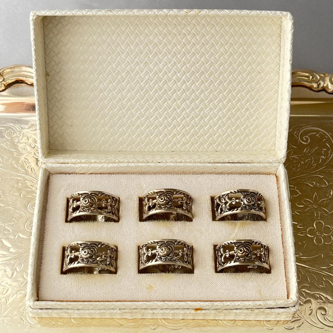 【ALBO】 薔薇のナプキンリング 6個【純銀】ヒルデスハイムローズ ケース