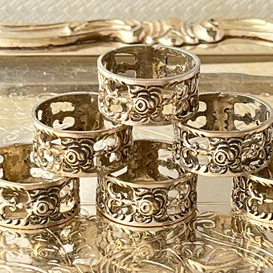 【ALBO】 薔薇のナプキンリング 6個【純銀】ヒルデスハイムローズ ケース