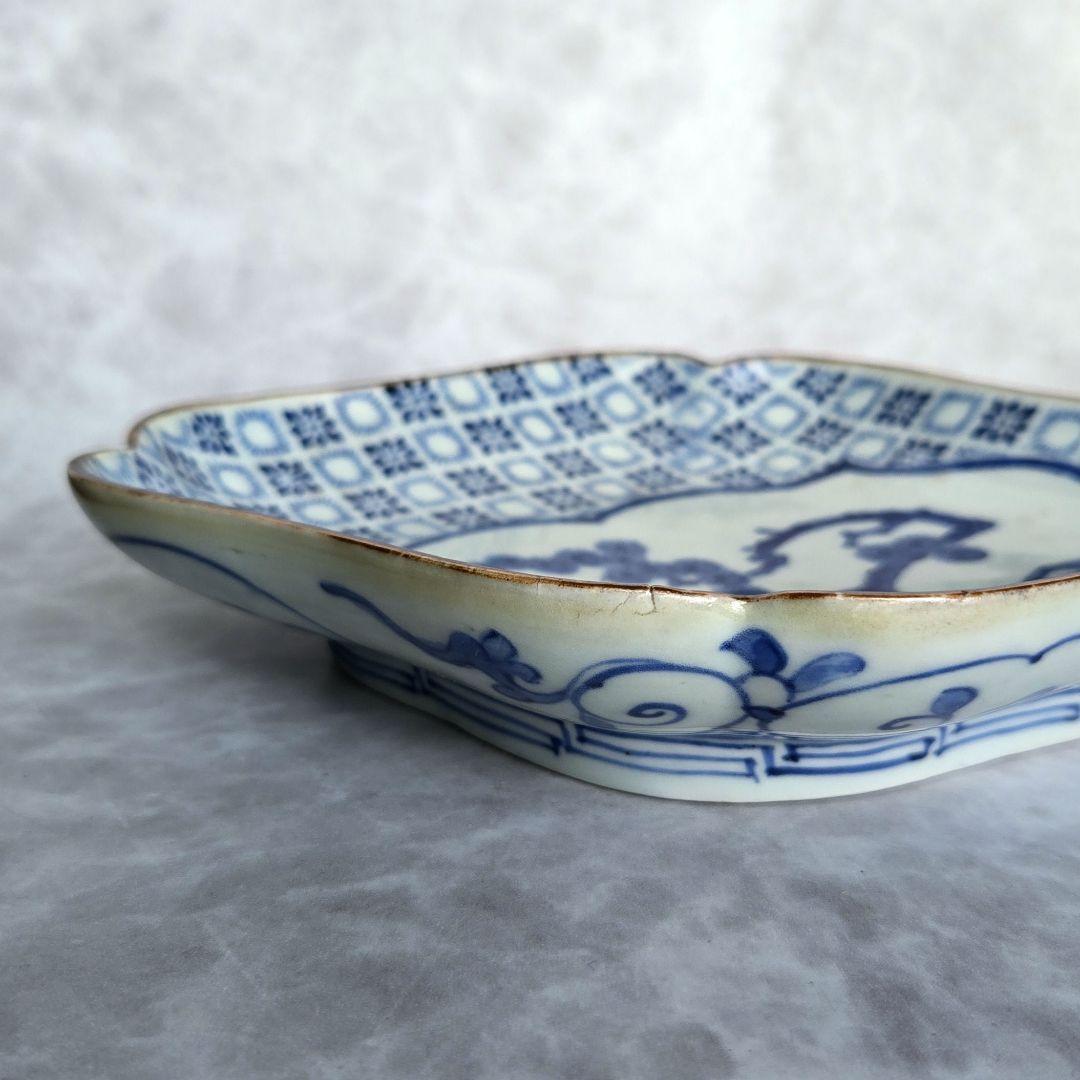 古伊万里 型紙摺 隅入菱皿 江戸時代 染付 変形皿 金直し