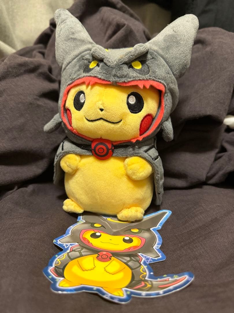 タグ完備】黒いレックウザポンチョを着たピカチュウぬいぐるみ