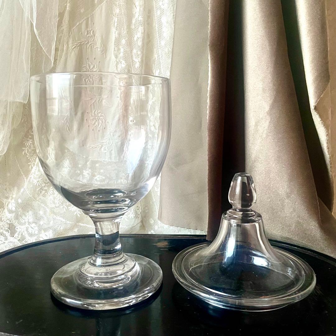 大きな蓋付きガラスボンボニエール お菓子入れ19世紀店舗什器フランス