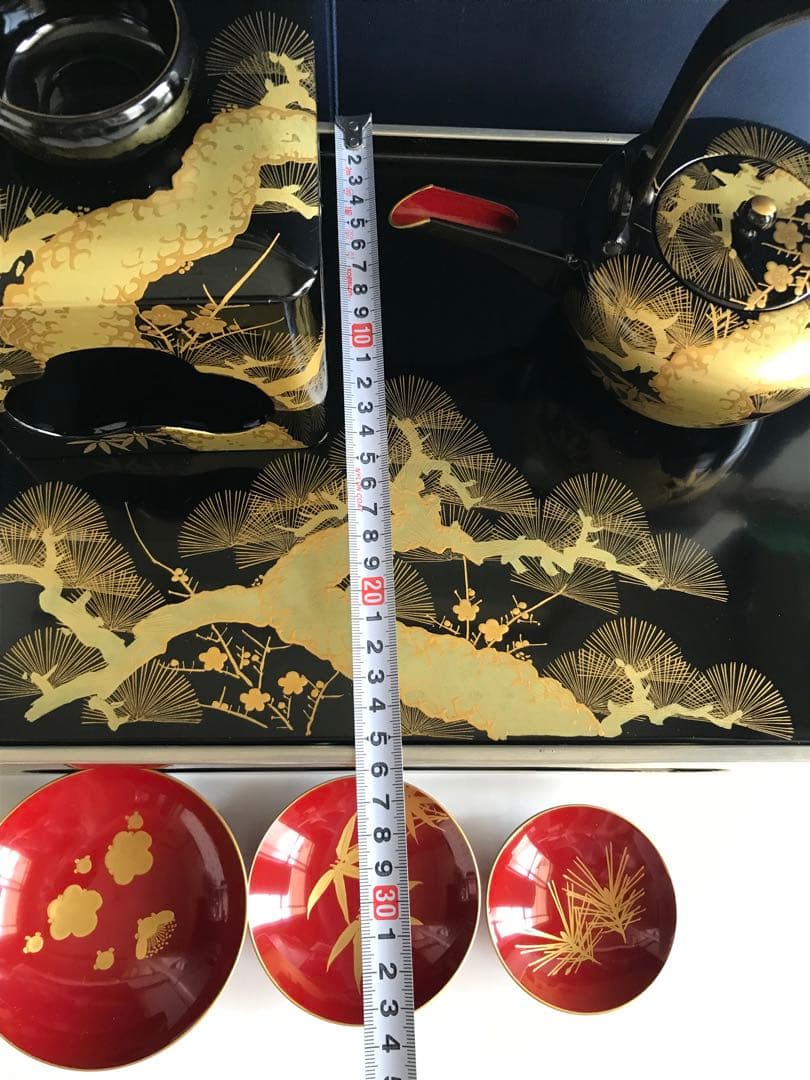 お屠蘇器 銀渕付 黒四つ揃　本松クリ足　松竹梅 金蒔絵 螺鈿 木製漆塗　豪華