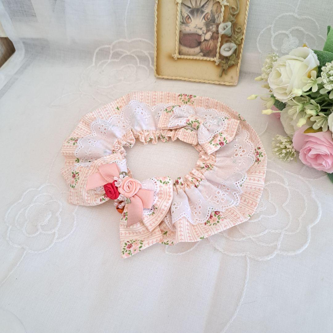 幅広シュシュ(ピンク×黒①)つまみ細工付き、わんちゃん猫ちゃん用 幅広