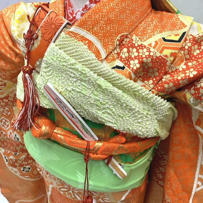 408ag3□七五三 七歳 女児 着物&袋帯 金駒刺繍 霞 青海波文□美品