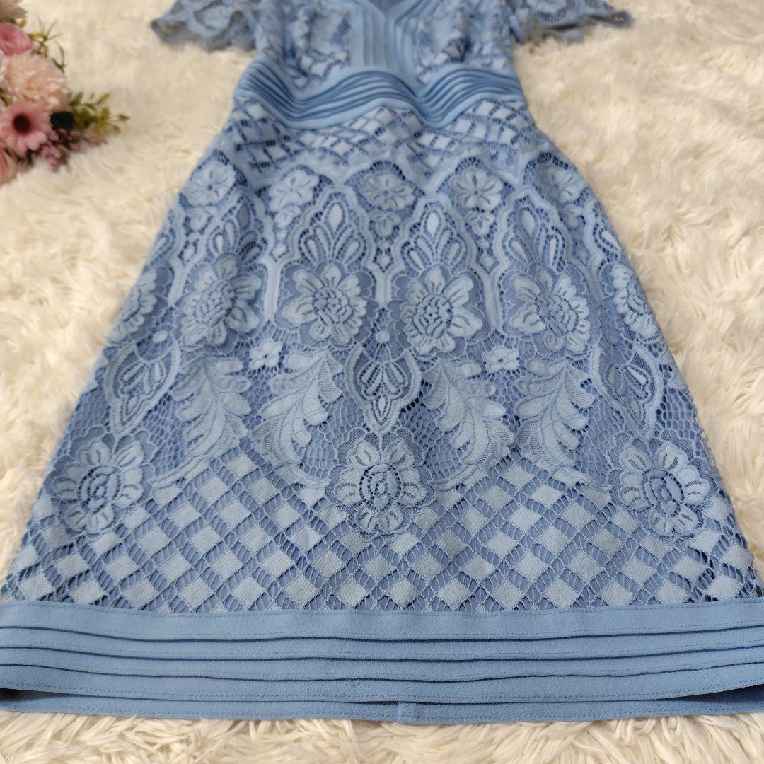【美品♡美シルエット】タダシショージ　Vネックコードレースドレス　フィット　水色