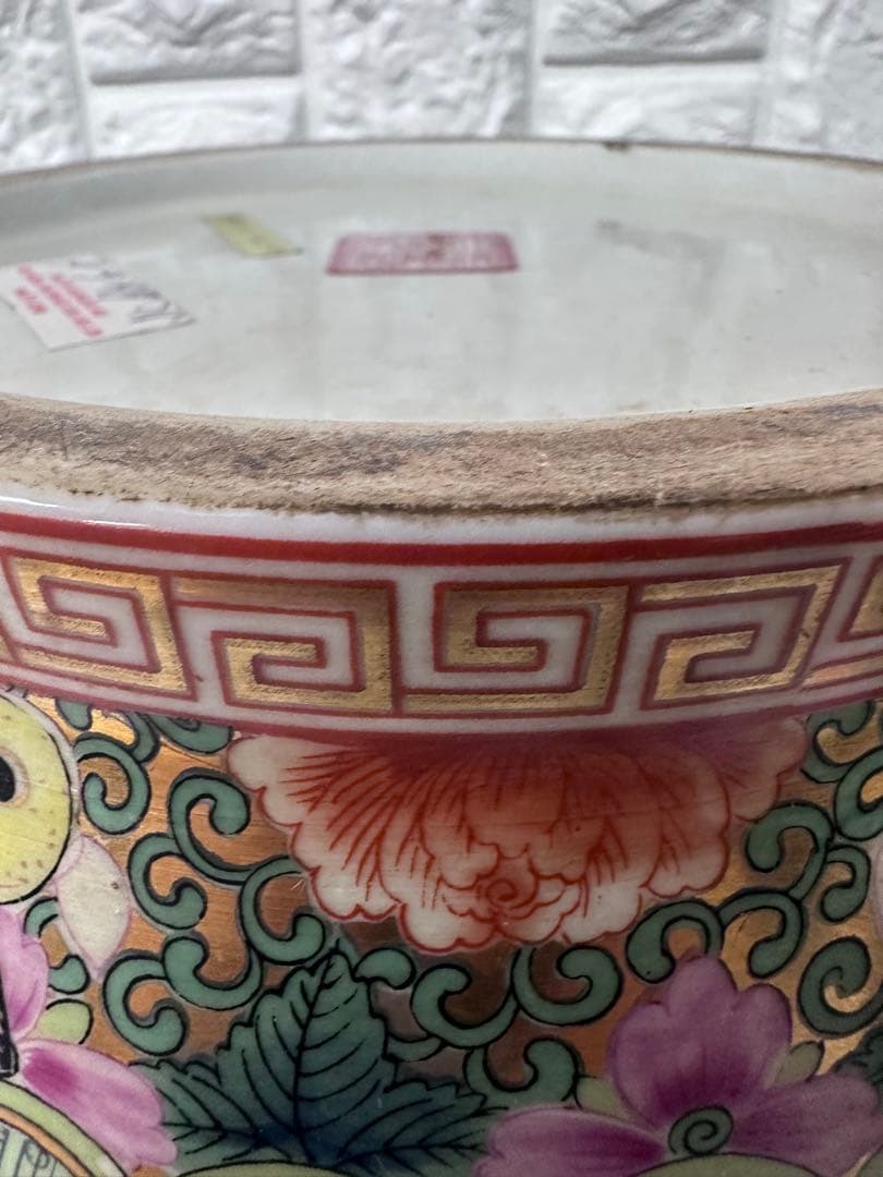 広東絵 粉彩 大花瓶 仕女図 花鳥 46cm 金彩 装飾壺 中国美術