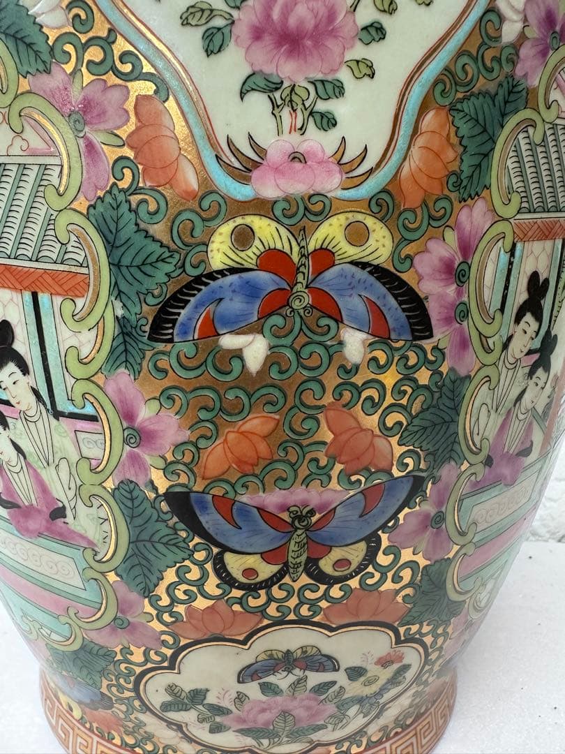 広東絵 粉彩 大花瓶 仕女図 花鳥 46cm 金彩 装飾壺 中国美術